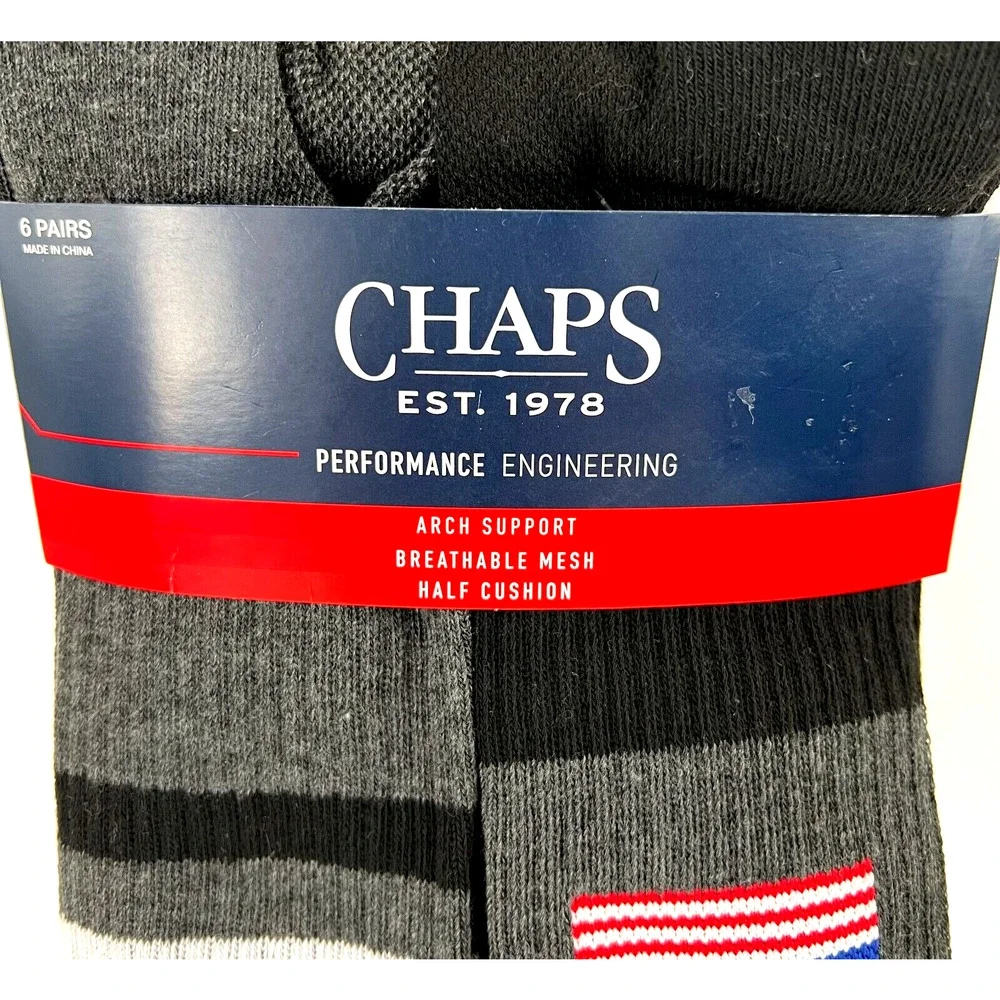 NEW Chaps Men’s Athletic Crew Socks 6 Pairs Arch Support Black Shoe Size 6-12.5